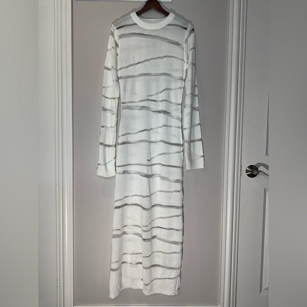 Chic White see through‎ Long Sleeve Crew Neck Sweater Dress NWOT 58" long